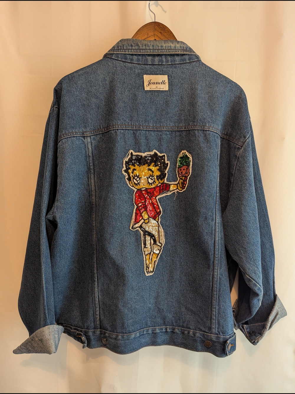 Vintage Jeanette Denim Jacket Betty Boop Sequin Beaded Wearable Art Rustler XL